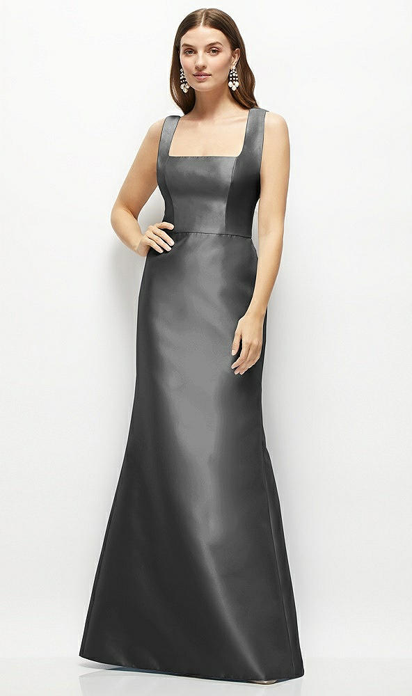 Front View - Pewter Satin Square Neck Fit and Flare Maxi Dress