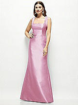 Front View Thumbnail - Powder Pink Satin Square Neck Fit and Flare Maxi Dress