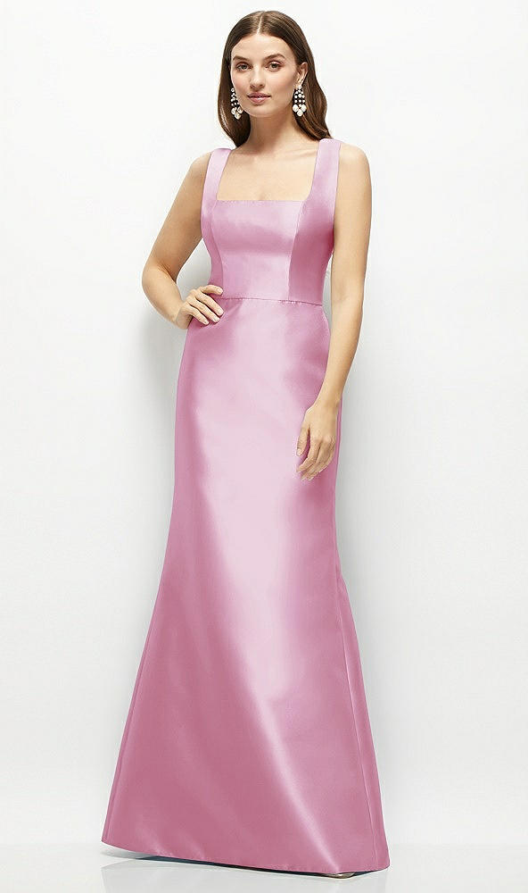 Front View - Powder Pink Satin Square Neck Fit and Flare Maxi Dress