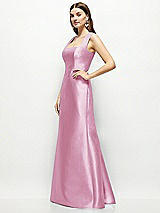 Side View Thumbnail - Powder Pink Satin Square Neck Fit and Flare Maxi Dress