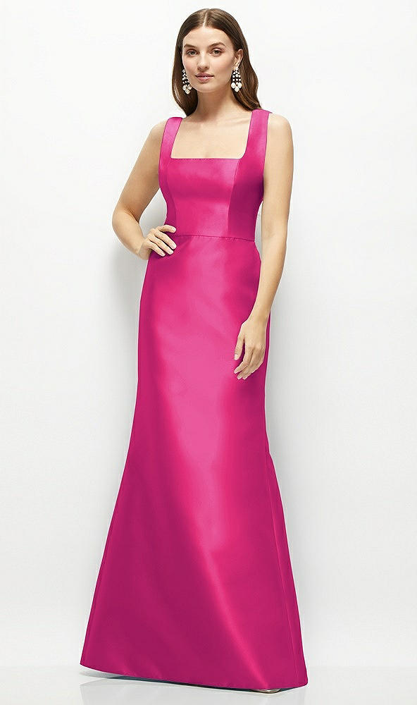 Front View - Think Pink Satin Square Neck Fit and Flare Maxi Dress