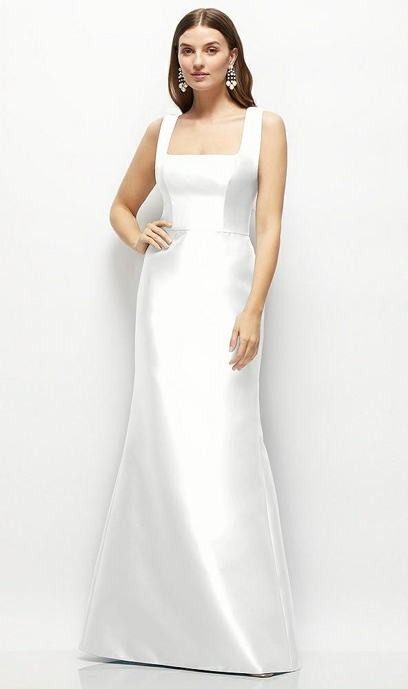 Front View - White Satin Square Neck Fit and Flare Maxi Dress