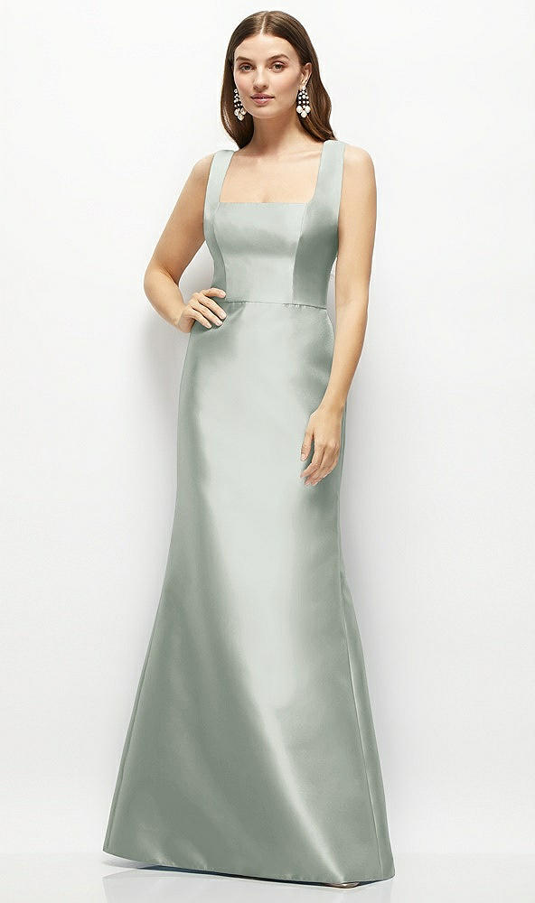 Front View - Willow Green Satin Square Neck Fit and Flare Maxi Dress