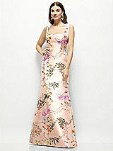 Front View Thumbnail - Butterfly Botanica Pink Sand Floral Satin Square Neck Fit and Flare Maxi Dress