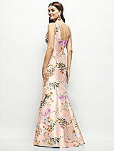 Rear View Thumbnail - Butterfly Botanica Pink Sand Floral Satin Square Neck Fit and Flare Maxi Dress