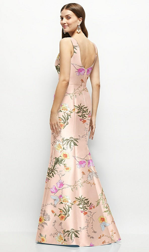 Back View - Butterfly Botanica Pink Sand Floral Satin Square Neck Fit and Flare Maxi Dress