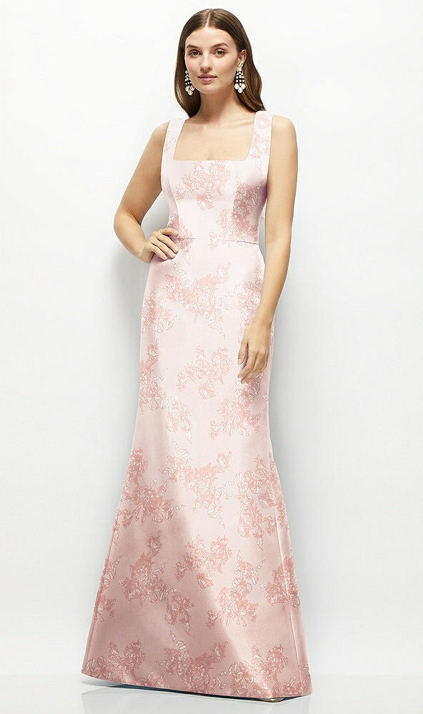 Front View - Bow And Blossom Print Floral Satin Square Neck Fit and Flare Maxi Dress