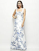 Front View Thumbnail - Cottage Rose Larkspur Floral Satin Square Neck Fit and Flare Maxi Dress