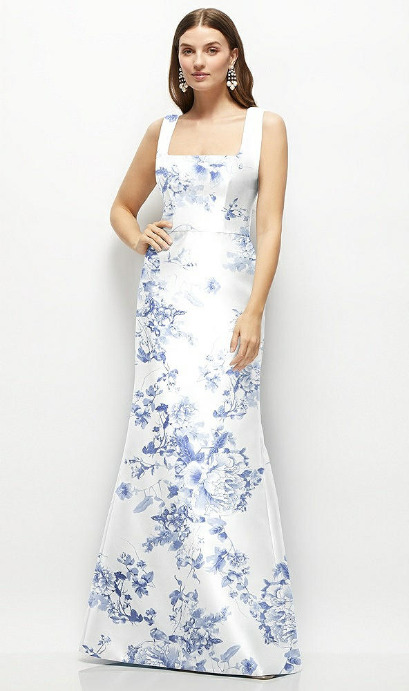Front View - Cottage Rose Larkspur Floral Satin Square Neck Fit and Flare Maxi Dress