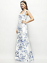 Side View Thumbnail - Cottage Rose Larkspur Floral Satin Square Neck Fit and Flare Maxi Dress