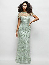 Front View Thumbnail - Celadon 3D Floral Embroidered Puff Sleeve A-line Maxi Dress with Petal-Adorned Illusion Neckline