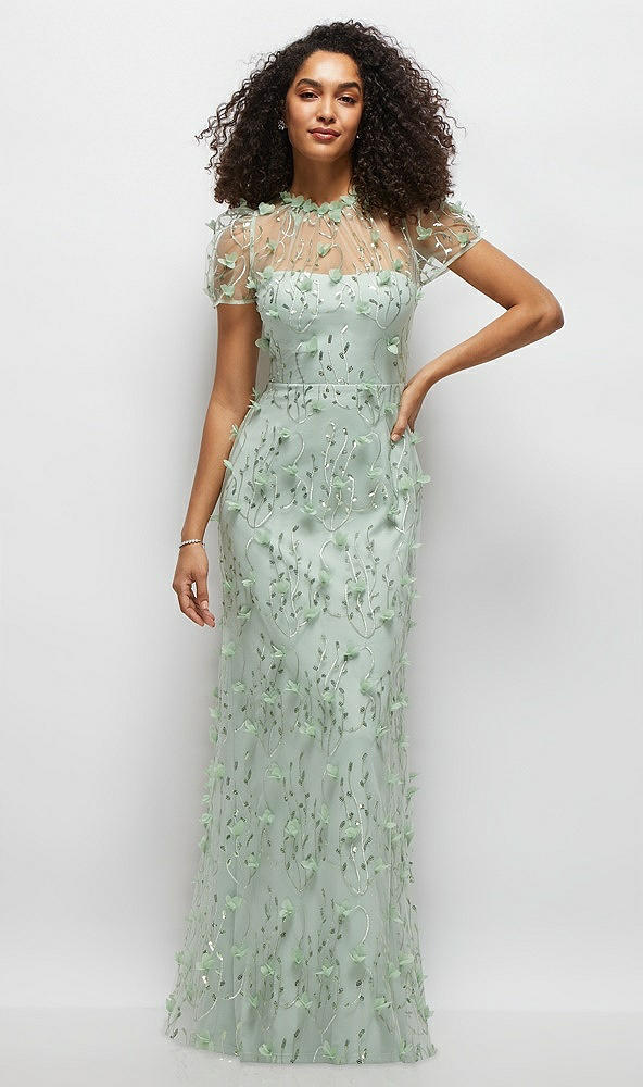 Front View - Celadon 3D Floral Embroidered Puff Sleeve A-line Maxi Dress with Petal-Adorned Illusion Neckline