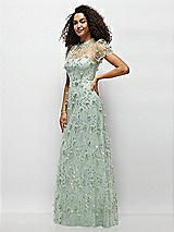 Side View Thumbnail - Celadon 3D Floral Embroidered Puff Sleeve A-line Maxi Dress with Petal-Adorned Illusion Neckline