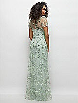 Rear View Thumbnail - Celadon 3D Floral Embroidered Puff Sleeve A-line Maxi Dress with Petal-Adorned Illusion Neckline