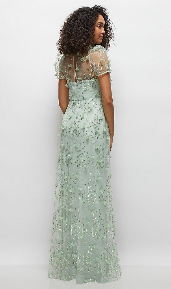 Back View - Celadon 3D Floral Embroidered Puff Sleeve A-line Maxi Dress with Petal-Adorned Illusion Neckline