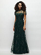 Front View Thumbnail - Evergreen 3D Floral Embroidered Puff Sleeve A-line Maxi Dress with Petal-Adorned Illusion Neckline