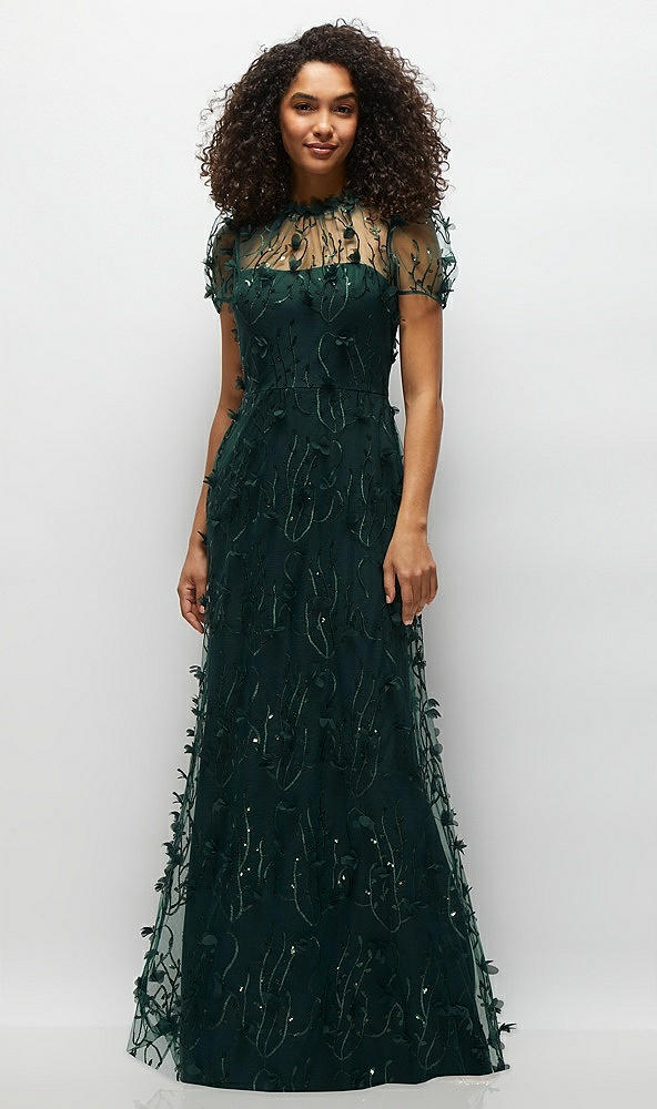 Front View - Evergreen 3D Floral Embroidered Puff Sleeve A-line Maxi Dress with Petal-Adorned Illusion Neckline