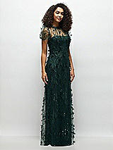 Side View Thumbnail - Evergreen 3D Floral Embroidered Puff Sleeve A-line Maxi Dress with Petal-Adorned Illusion Neckline