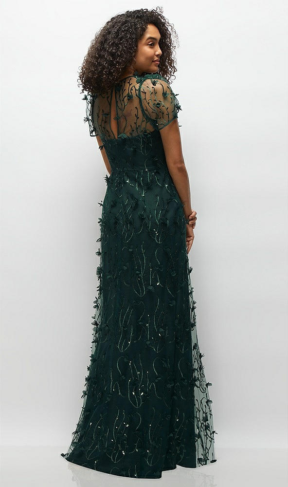 Back View - Evergreen 3D Floral Embroidered Puff Sleeve A-line Maxi Dress with Petal-Adorned Illusion Neckline