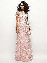Front View Thumbnail - Rose - PANTONE Rose Quartz 3D Floral Embroidered Puff Sleeve A-line Maxi Dress with Petal-Adorned Illusion Neckline