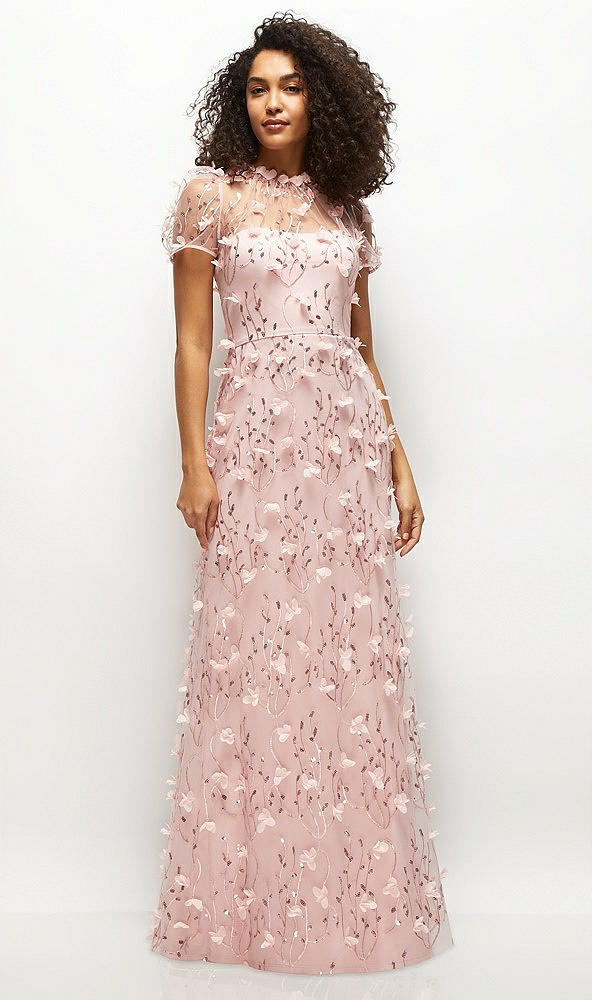 Front View - Rose - PANTONE Rose Quartz 3D Floral Embroidered Puff Sleeve A-line Maxi Dress with Petal-Adorned Illusion Neckline