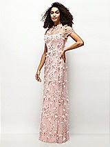 Side View Thumbnail - Rose - PANTONE Rose Quartz 3D Floral Embroidered Puff Sleeve A-line Maxi Dress with Petal-Adorned Illusion Neckline