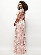 Rear View Thumbnail - Rose - PANTONE Rose Quartz 3D Floral Embroidered Puff Sleeve A-line Maxi Dress with Petal-Adorned Illusion Neckline