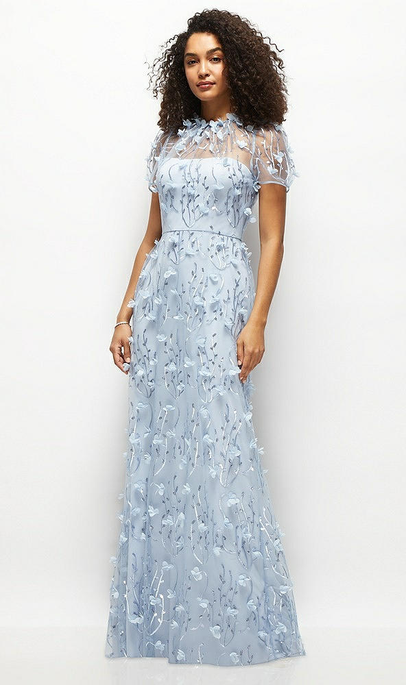 Front View - Silver Dove 3D Floral Embroidered Puff Sleeve A-line Maxi Dress with Petal-Adorned Illusion Neckline