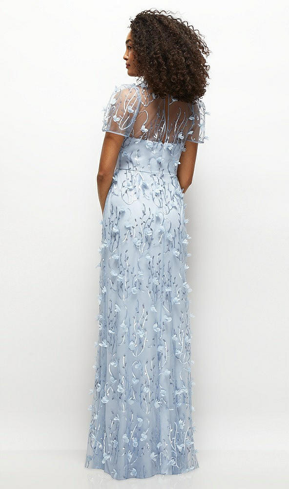 Back View - Silver Dove 3D Floral Embroidered Puff Sleeve A-line Maxi Dress with Petal-Adorned Illusion Neckline