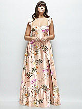 Alt View 1 Thumbnail - Butterfly Botanica Pink Sand Floral Satin Corset Maxi Dress with Ruffle Straps & Skirt