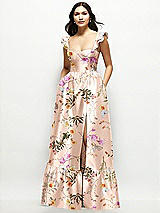 Front View Thumbnail - Butterfly Botanica Pink Sand Floral Satin Corset Maxi Dress with Ruffle Straps & Skirt