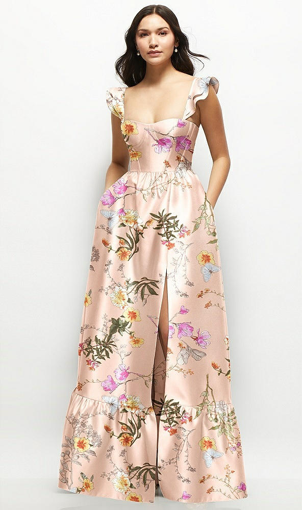Front View - Butterfly Botanica Pink Sand Floral Satin Corset Maxi Dress with Ruffle Straps & Skirt