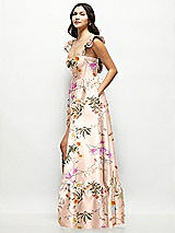 Side View Thumbnail - Butterfly Botanica Pink Sand Floral Satin Corset Maxi Dress with Ruffle Straps & Skirt