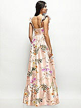 Rear View Thumbnail - Butterfly Botanica Pink Sand Floral Satin Corset Maxi Dress with Ruffle Straps & Skirt