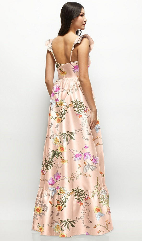 Back View - Butterfly Botanica Pink Sand Floral Satin Corset Maxi Dress with Ruffle Straps & Skirt