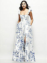 Front View Thumbnail - Cottage Rose Larkspur Floral Satin Corset Maxi Dress with Ruffle Straps & Skirt