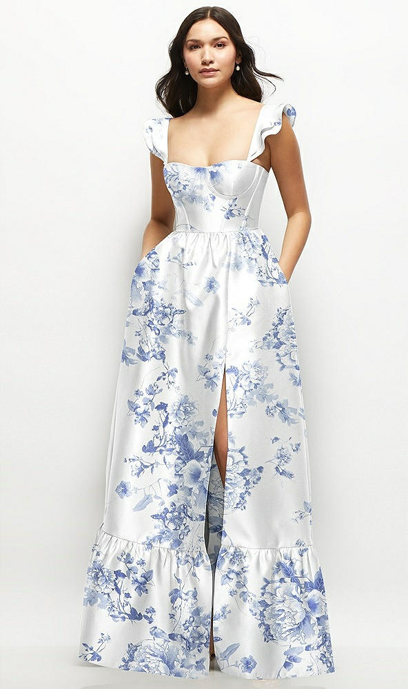Front View - Cottage Rose Larkspur Floral Satin Corset Maxi Dress with Ruffle Straps & Skirt
