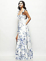 Side View Thumbnail - Cottage Rose Larkspur Floral Satin Corset Maxi Dress with Ruffle Straps & Skirt