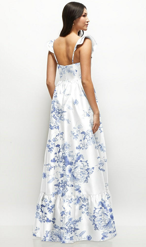 Back View - Cottage Rose Larkspur Floral Satin Corset Maxi Dress with Ruffle Straps & Skirt