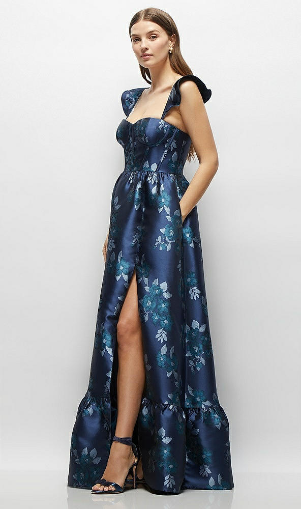 Front View - Midnight Navy Damask Baroque Rose Damask Floral Corset Maxi Dress with Ruffle Straps & Skirt