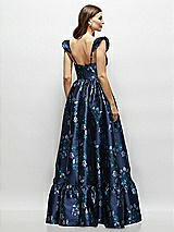 Rear View Thumbnail - Midnight Navy Damask Baroque Rose Damask Floral Corset Maxi Dress with Ruffle Straps & Skirt
