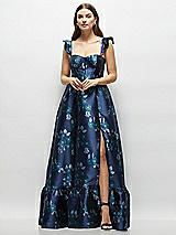 Side View Thumbnail - Midnight Navy Damask Baroque Rose Damask Floral Corset Maxi Dress with Ruffle Straps & Skirt