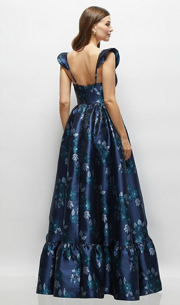 Back View - Midnight Navy Damask Baroque Rose Damask Floral Corset Maxi Dress with Ruffle Straps & Skirt