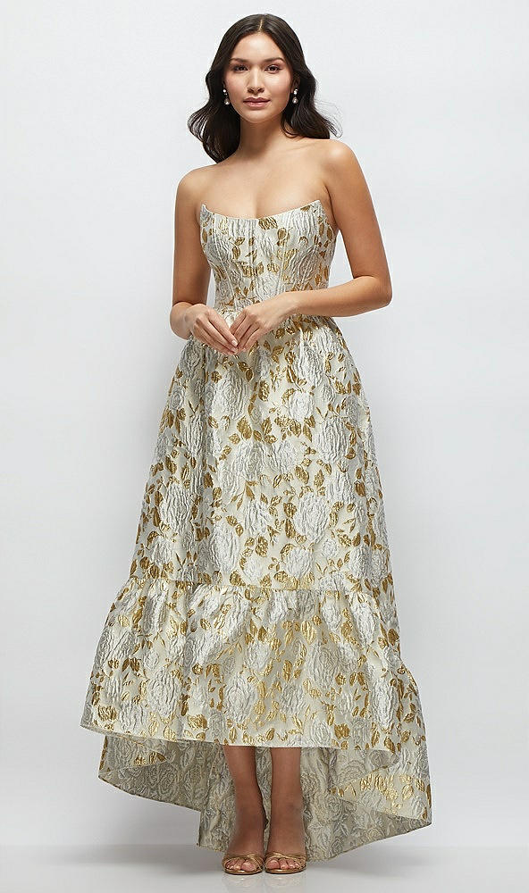Front View - Winter Rose Strapless Cat-Eye Boned Bodice Brocade High-Low Dress