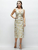 Front View Thumbnail - Winter Rose V-Neck Gold Brocade Column Midi Dress
