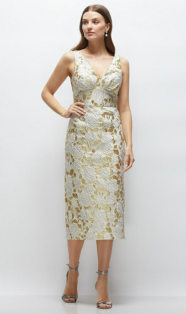 Front View - Winter Rose V-Neck Gold Brocade Column Midi Dress