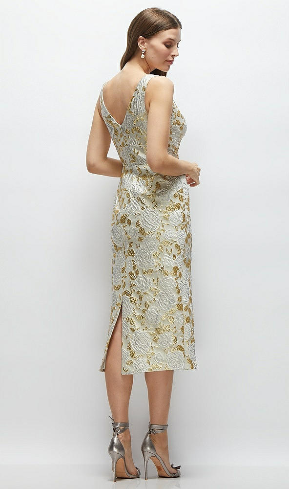 Back View - Winter Rose V-Neck Gold Brocade Column Midi Dress