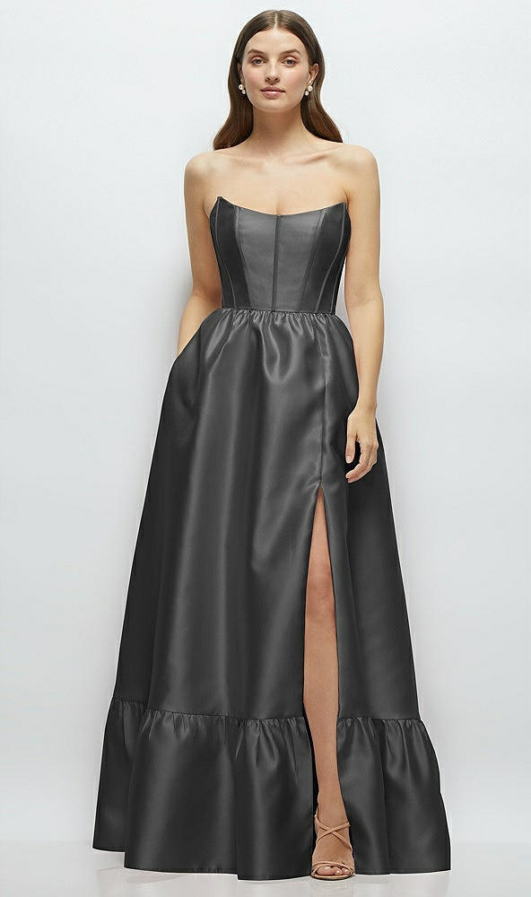 Front View - Pewter Strapless Cat-Eye Boned Bodice Maxi Dress with Ruffle Hem