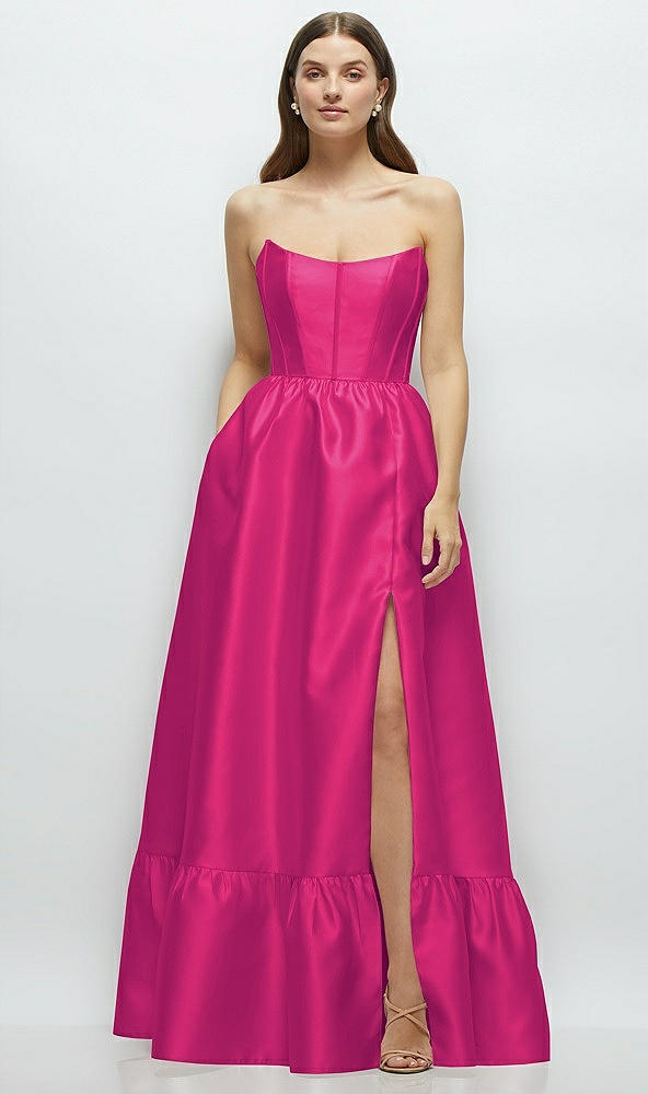 Front View - Think Pink Strapless Cat-Eye Boned Bodice Maxi Dress with Ruffle Hem