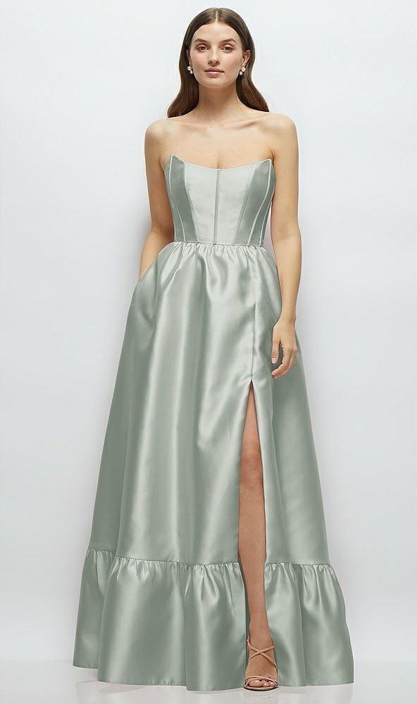 Front View - Willow Green Strapless Cat-Eye Boned Bodice Maxi Dress with Ruffle Hem